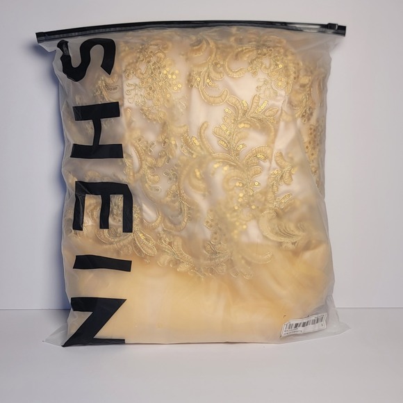 Shein Belle Champagne Gold Embroidered Mesh Fit & Flare Party Dress - Picture 3 of 3